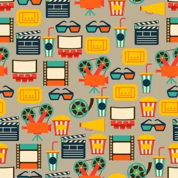 Seamless pattern of movie elements and cinema icons. Stock Illustration