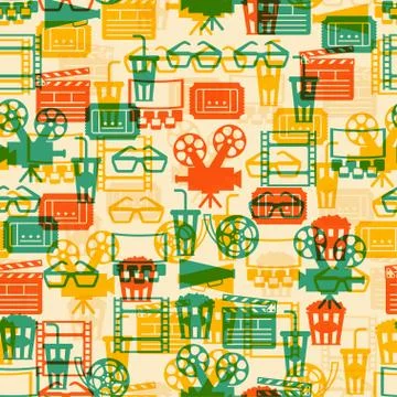 Seamless pattern of movie elements and cinema icons. Illustrazione stock