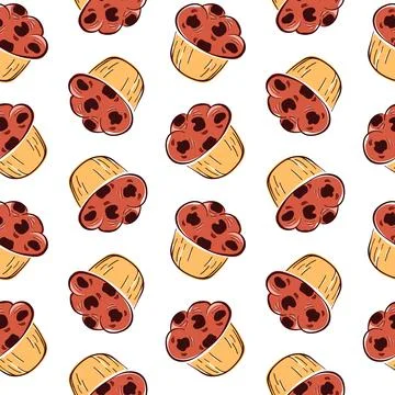 Seamless pattern muffin with chocolate chip in cartoon style. Design on a white Stock Illustration