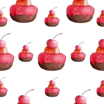Seamless pattern of muffins or cakes with cherry, watercolor hand painted Stock Illustration