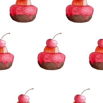 Seamless pattern of muffins or cakes with cherry, watercolor hand painted Stock Illustration