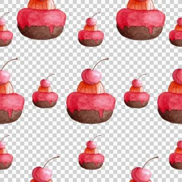 Seamless pattern of muffins or cakes with cherry watercolor hand painted element Stock Illustration