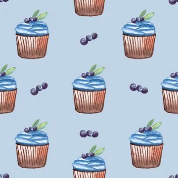 Seamless pattern of muffins or cupcakes with blueberry, watercolor hand painted Stock Illustration