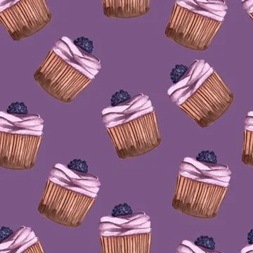 Seamless pattern of muffins or cupcakes with blackberry, watercolor hand painted Stock Illustration