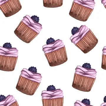 Seamless pattern of muffins or cupcakes with blackberry, watercolor hand painted Stock Illustration