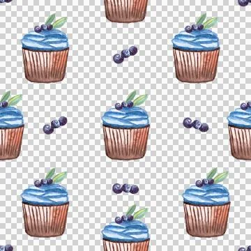 Seamless pattern of muffins or cupcakes with blueberry, watercolor hand painted Stock Illustration