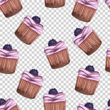 Seamless pattern of muffins or cupcakes with blackberry, watercolor hand painted Stock Illustration
