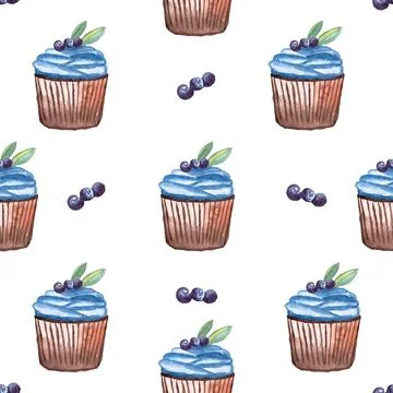 Seamless pattern of muffins or cupcakes with blueberry, watercolor hand painted Stock Illustration