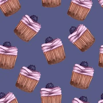 Seamless pattern of muffins or cupcakes with blackberry, watercolor hand painted Stock Illustration