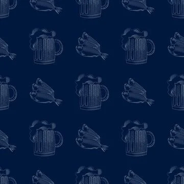 Seamless pattern with mug beer and fish graphic style. vector illustration Stock Illustration