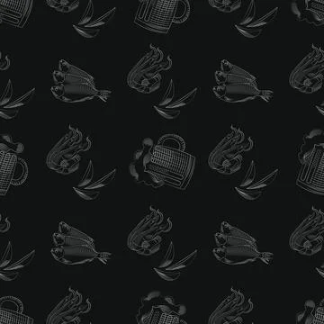 Seamless pattern with mug of beer, Shrimp and potato chips graphic style vect Stock Illustration