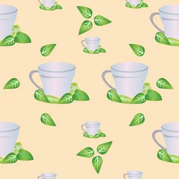 Seamless pattern of mug for tea with mint leaves. Vector illustration isolated 스톡 일러스트
