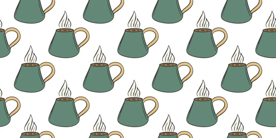 Seamless Pattern of Mugs, black aromatic Coffee. Repeating print of hot morning Stock Illustration