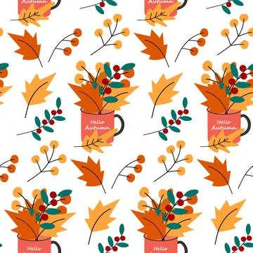 Seamless pattern of mugs with lettering Hello autumn and bouquet of leaves and Stock Illustration