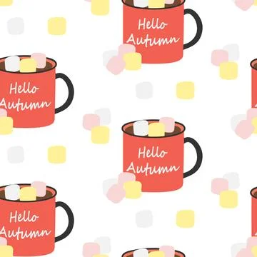 Seamless pattern of mugs with lettering Hello autumn, warm drink and marshmallow Stock Illustration