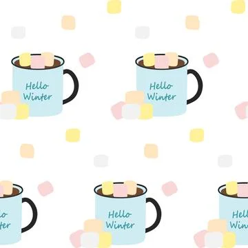 Seamless pattern of mugs with lettering Hello winter, drink and marshmallow in Illustrazione stock
