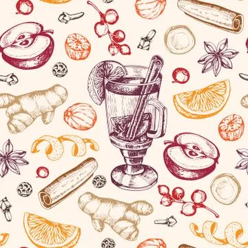 Seamless pattern with mulled wine and spices. Stock Illustration