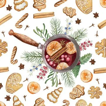 Seamless pattern with mulled wine and Rogdetsven biscuits. Watercolor Christmas Illustrazione stock