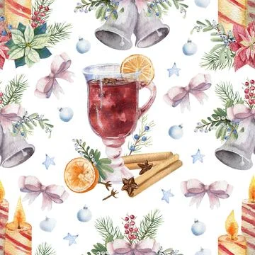 Seamless pattern with mulled wine, cinnamon and New Year candles on a white 스톡 일러스트