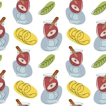 Seamless pattern of Mulled wine with cinnamon stick, apple slice, lemon zest Stock Illustration