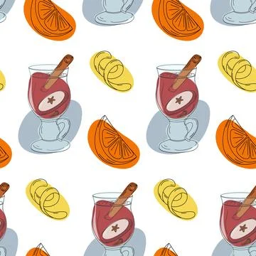 Seamless pattern of Mulled wine with cinnamon stick and apple slice, orange and Stock Illustration