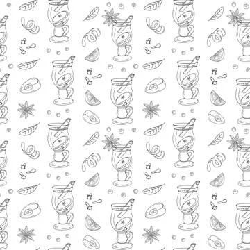 Seamless pattern of mulled wine, citrus and spices in hand drawn line art for Stock Illustration