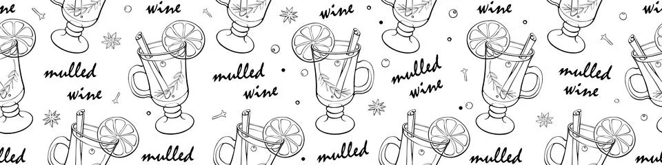 Seamless pattern of mulled wine cocktail in special glass. Hand drawn doodle  Stock Illustration