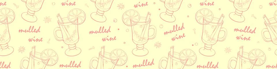 Seamless pattern of mulled wine cocktail in special glass. Hand drawn doodle  Illustrazione stock