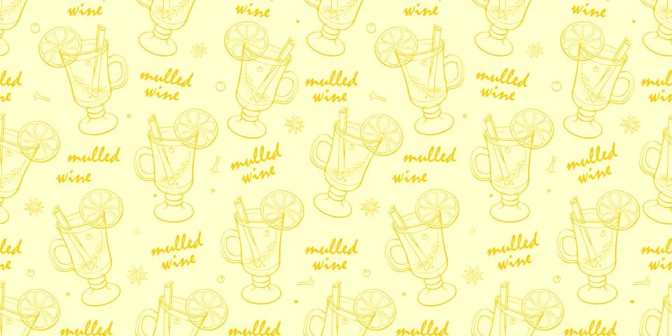 Seamless pattern of mulled wine cocktail in special glass. Hand drawn doodl.. Stock Illustration