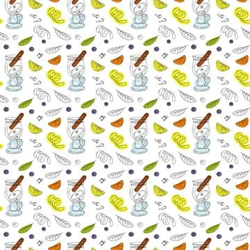 Seamless pattern of mulled wine mugs and citrus in hand-drawn doodle style for Stock Illustration