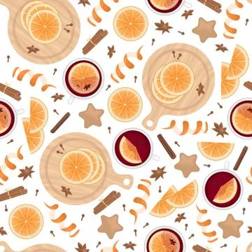 Seamless pattern with mulled wine, orange slices, cinnamon sticks, cloves Stock Illustration