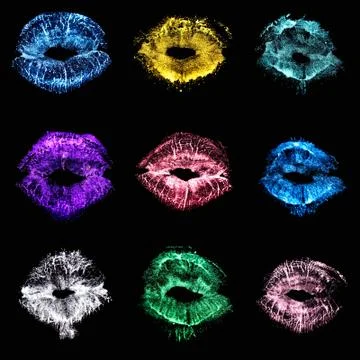 Seamless pattern: multi color bright pearl metallic lipstick kissed on black. 스톡 일러스트