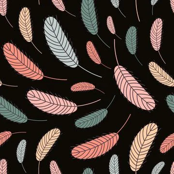 Seamless pattern with multi-colored feathers on a black background Stock Illustration