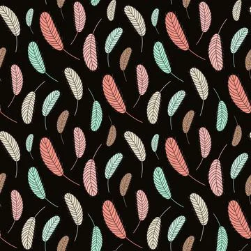 Seamless pattern with multi-colored feathers on a black background 库存插图