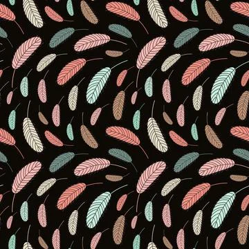 Seamless pattern with multi-colored feathers on a black background Illustrazione stock
