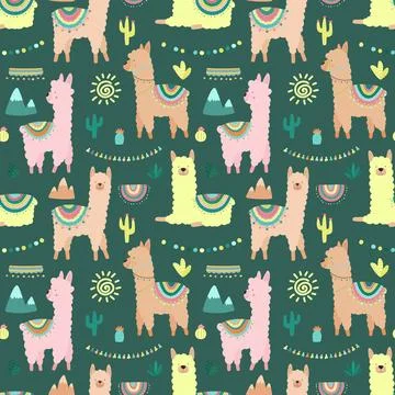 Seamless pattern with multi-colored llamas or alpacas, mountains, cacti, garl Illustrazione stock