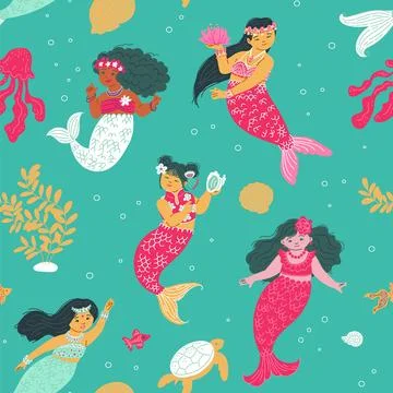 Seamless pattern with multi ethnic mermaids and seaweeds flat style Illustrazione stock