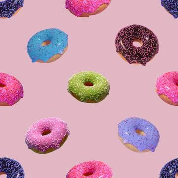 Seamless pattern: Multicolor 3D donut on a pink background is a realistic sweet Stock Illustration