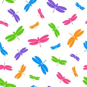Seamless pattern with multicolor dragonflies. Colorful elements on a white Stock-Illustration