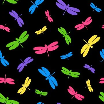 Seamless pattern with multicolor dragonflies. Colorful elements on a black Stock-Illustration