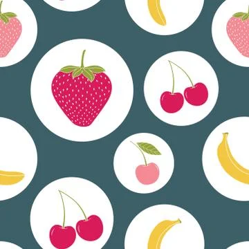 Seamless pattern of multicolor strawberries, cherries, bananas in white circl Stock Illustration