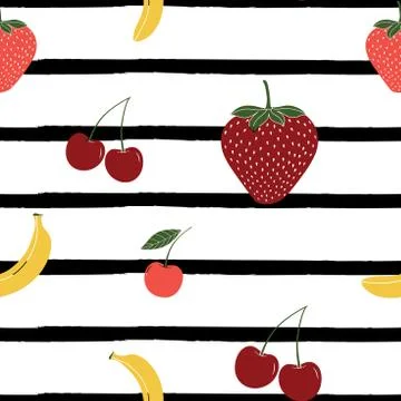 Seamless pattern of multicolor strawberries, cherries, bananas on striped Stock Illustration