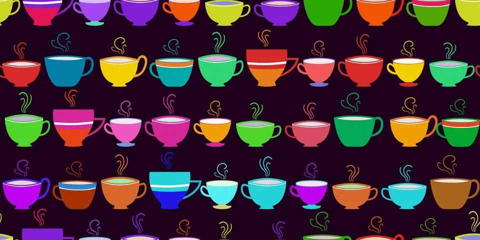 Seamless pattern with multicolored bright coffee tea cups on a purple backg.. Stock Illustration