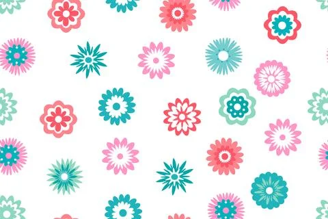 Seamless pattern of multicolored decorative flowers highlighted on a white Stock Illustration