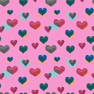 Seamless pattern with multicolored fabric denim hearts Illustrazione stock