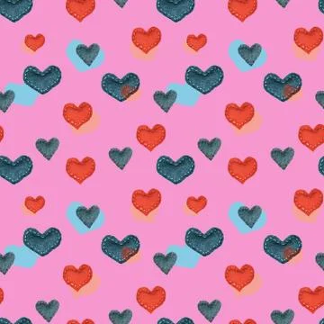 Seamless pattern with multicolored fabric denim hearts Stock Illustration