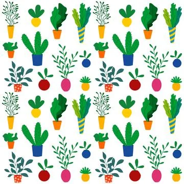 Seamless pattern of multicolored flower pots. Indoor plants. Stock Illustration