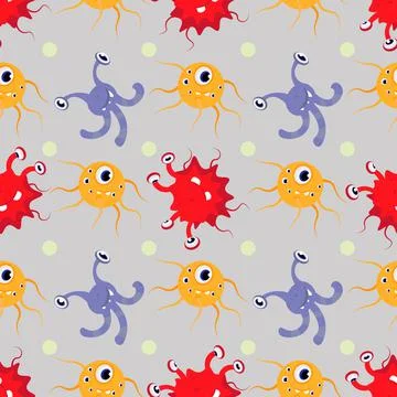 Seamless pattern multicolored Funny cartoon monsters alien or bacterium 库存插图