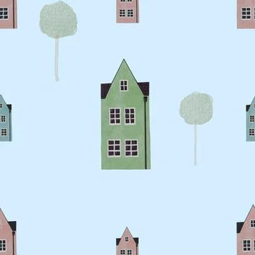 Seamless pattern multicolored houses. cute minimalistic children's house pattern Stock Illustration