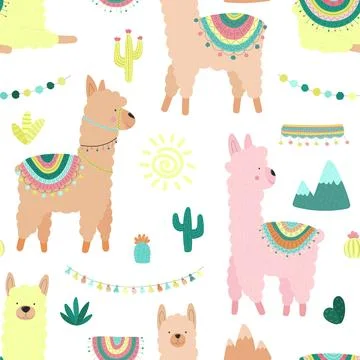 Seamless pattern of multicolored llamas or alpacas, mountains, cacti, garland 스톡 일러스트